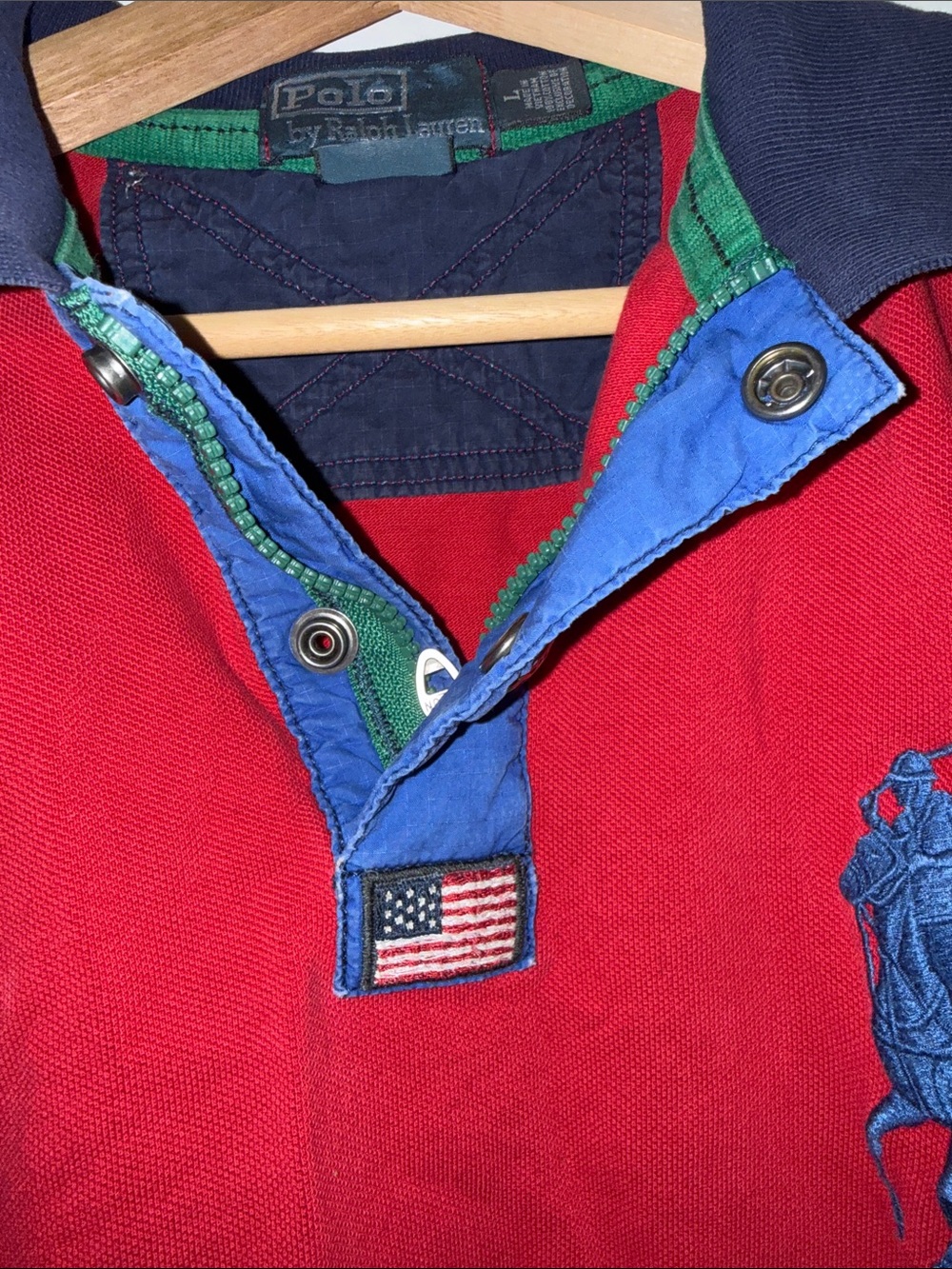 Polo Ralph Lauren Big Pony US Flag 67 Zip Snap Polo Shirt Red Size Large - Picture 4 of 9